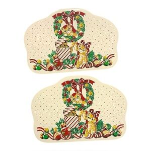 Set Of 2 NWT Vintage Vinyl Placemats 80s Christmas Cats Kitschy Kittens Dots